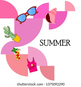Summer card with cactus, sunglasses, seashell, cocktail, T-shirt. Vector background.