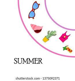 Summer card with cactus, sunglasses, seashell, cocktail, T-shirt. Vector background.