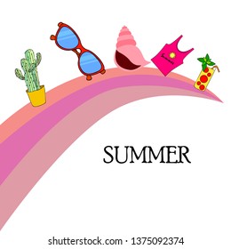 Summer card with cactus, sunglasses, seashell, cocktail, T-shirt. Vector background.