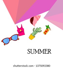 Summer card with cactus, sunglasses, seashell, cocktail, T-shirt. Vector background.