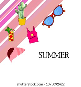 Summer card with cactus, sunglasses, seashell, cocktail, T-shirt. Vector background.
