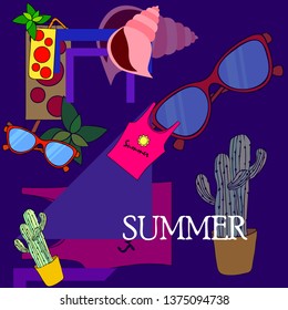 Summer card with cactus, sunglasses, seashell, cocktail, T-shirt. Vector background.