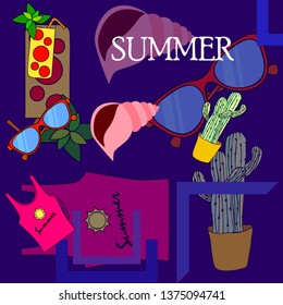 Summer card with cactus, sunglasses, seashell, cocktail, T-shirt. Vector background.