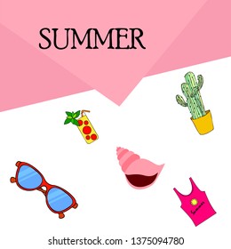 Summer card with cactus, sunglasses, seashell, cocktail, T-shirt. Vector background.