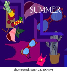 Summer card with cactus, sunglasses, seashell, cocktail, T-shirt. Vector background.