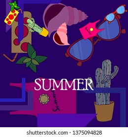 Summer card with cactus, sunglasses, seashell, cocktail, T-shirt. Vector background.