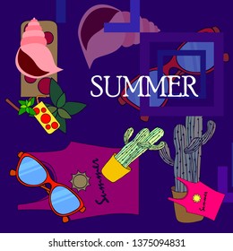 Summer card with cactus, sunglasses, seashell, cocktail, T-shirt. Vector background.