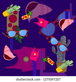 Summer card with cactus, sunglasses, seashell, cocktail, T-shirt. Vector background.