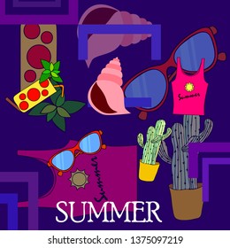 Summer card with cactus, sunglasses, seashell, cocktail, T-shirt. Vector background.