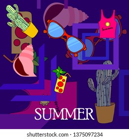 Summer card with cactus, sunglasses, seashell, cocktail, T-shirt. Vector background.