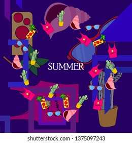Summer card with cactus, sunglasses, seashell, cocktail, T-shirt. Vector background.
