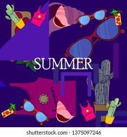 Summer card with cactus, sunglasses, seashell, cocktail, T-shirt. Vector background.