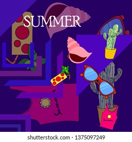 Summer card with cactus, sunglasses, seashell, cocktail, T-shirt. Vector background.