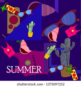 Summer card with cactus, sunglasses, seashell, cocktail, T-shirt. Vector background.