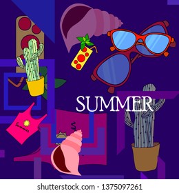 Summer card with cactus, sunglasses, seashell, cocktail, T-shirt. Vector background.