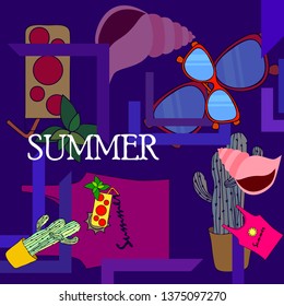 Summer card with cactus, sunglasses, seashell, cocktail, T-shirt. Vector background.