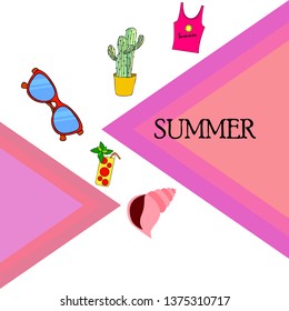 Summer card with cactus, sunglasses, seashell, cocktail, T-shirt. Vector background.