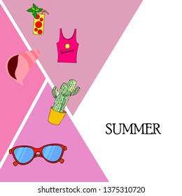 Summer card with cactus, sunglasses, seashell, cocktail, T-shirt. Vector background.