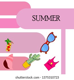 Summer card with cactus, sunglasses, seashell, cocktail, T-shirt. Vector background.