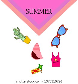 Summer card with cactus, sunglasses, seashell, cocktail, T-shirt. Vector background.