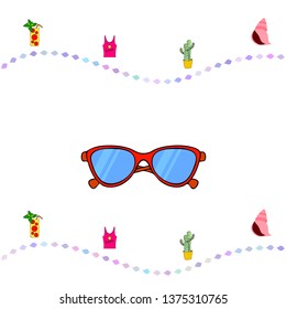 Summer card with cactus, sunglasses, seashell, cocktail, T-shirt. Vector background.