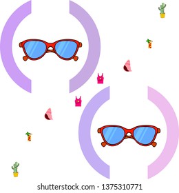 Summer card with cactus, sunglasses, seashell, cocktail, T-shirt. Vector background.