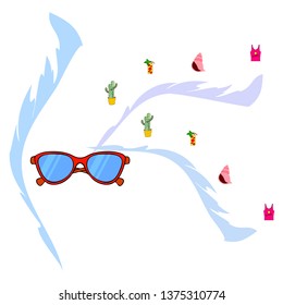 Summer card with cactus, sunglasses, seashell, cocktail, T-shirt. Vector background.