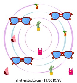 Summer card with cactus, sunglasses, seashell, cocktail, T-shirt. Vector background.