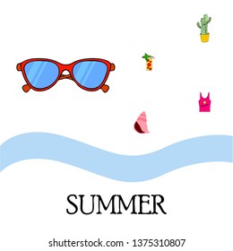 Summer card with cactus, sunglasses, seashell, cocktail, T-shirt. Vector background.