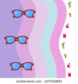Summer card with cactus, sunglasses, seashell, cocktail, T-shirt. Vector background.