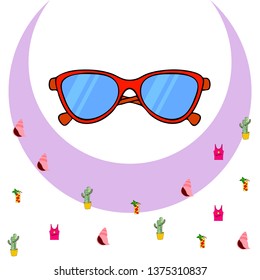 Summer card with cactus, sunglasses, seashell, cocktail, T-shirt. Vector background.