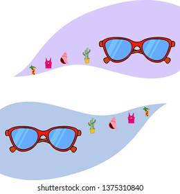 Summer card with cactus, sunglasses, seashell, cocktail, T-shirt. Vector background.
