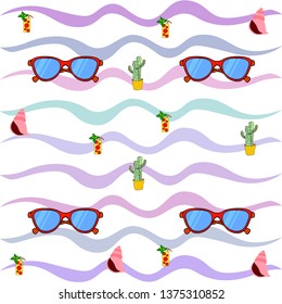 Summer card with cactus, sunglasses, seashell, cocktail, T-shirt. Vector background.