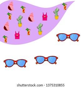 Summer card with cactus, sunglasses, seashell, cocktail, T-shirt. Vector background.