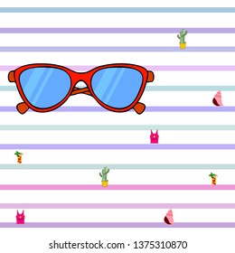 Summer card with cactus, sunglasses, seashell, cocktail, T-shirt. Vector background.