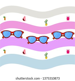 Summer card with cactus, sunglasses, seashell, cocktail, T-shirt. Vector background.