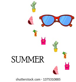 Summer card with cactus, sunglasses, seashell, cocktail, T-shirt. Vector background.