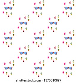 Summer card with cactus, sunglasses, seashell, cocktail, T-shirt. Vector background.