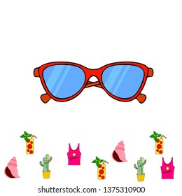 Summer card with cactus, sunglasses, seashell, cocktail, T-shirt. Vector background.