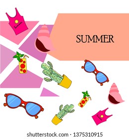 Summer card with cactus, sunglasses, seashell, cocktail, T-shirt. Vector background.