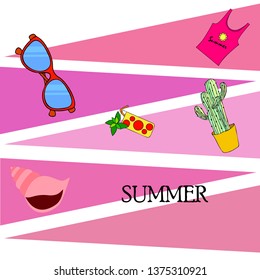 Summer card with cactus, sunglasses, seashell, cocktail, T-shirt. Vector background.