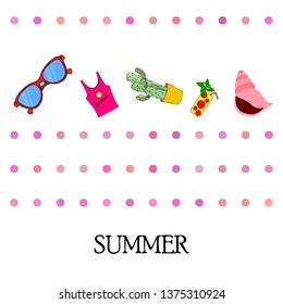 Summer card with cactus, sunglasses, seashell, cocktail, T-shirt. Vector background.