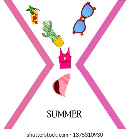Summer card with cactus, sunglasses, seashell, cocktail, T-shirt. Vector background.