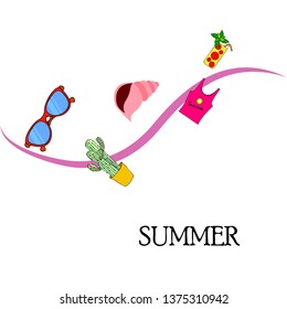 Summer card with cactus, sunglasses, seashell, cocktail, T-shirt. Vector background.