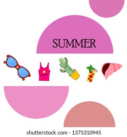 Summer card with cactus, sunglasses, seashell, cocktail, T-shirt. Vector background.