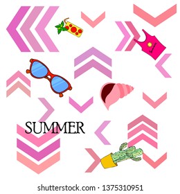 Summer card with cactus, sunglasses, seashell, cocktail, T-shirt. Vector background.