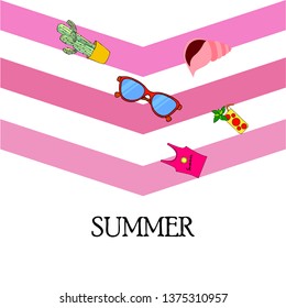 Summer card with cactus, sunglasses, seashell, cocktail, T-shirt. Vector background.