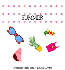 Summer card with cactus, sunglasses, seashell, cocktail, T-shirt. Vector background.