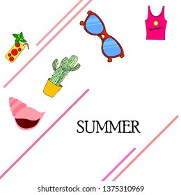 Summer card with cactus, sunglasses, seashell, cocktail, T-shirt. Vector background.