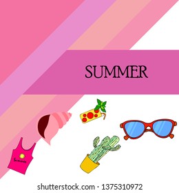 Summer card with cactus, sunglasses, seashell, cocktail, T-shirt. Vector background.